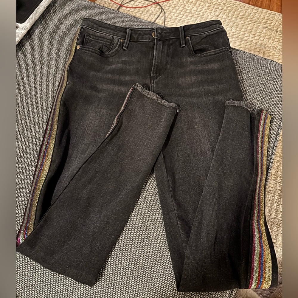 Grey Denim skinny jeans with rainbow glitter stripes. Aqua, size 26.